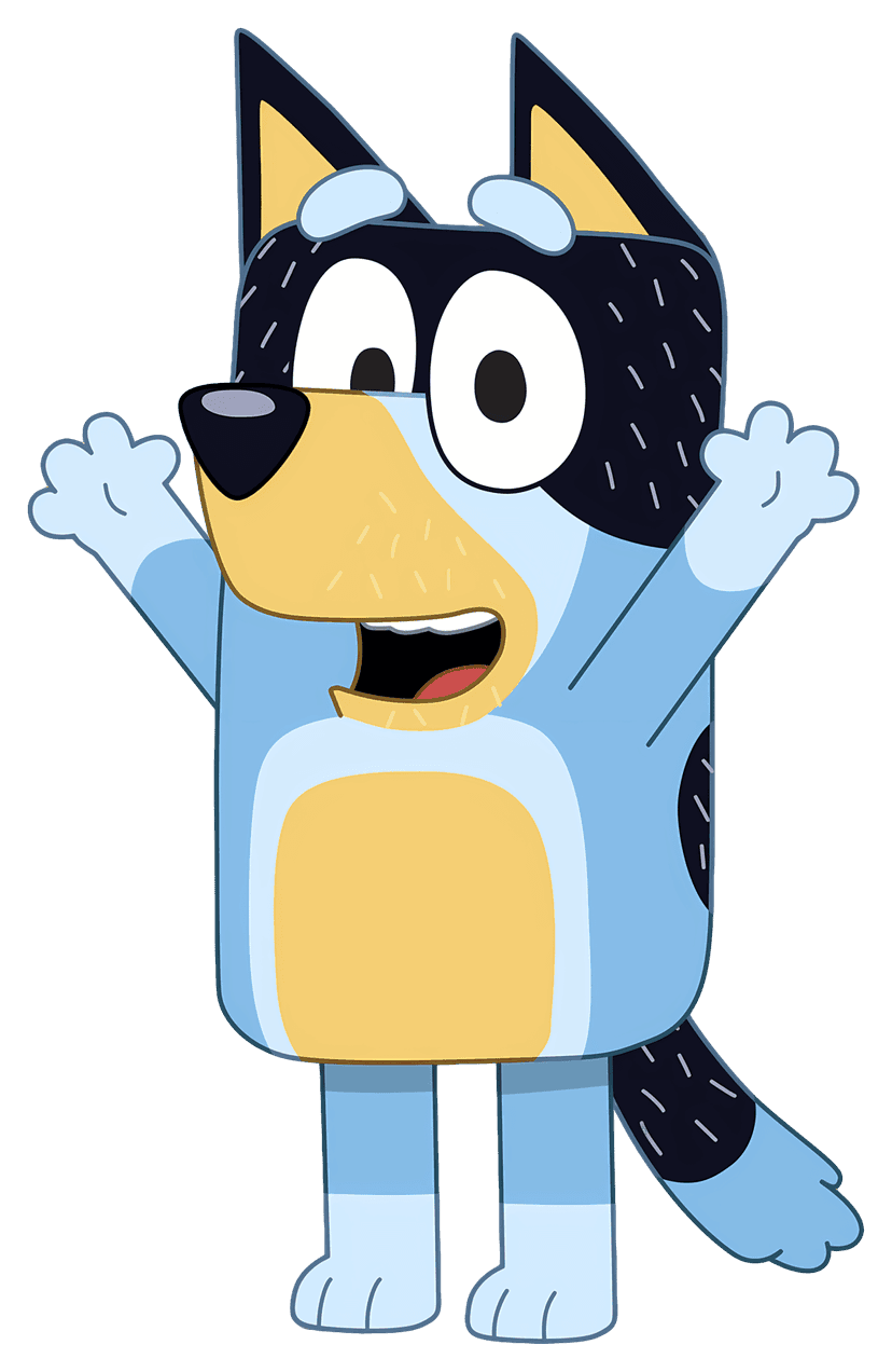 Blue cartoon dog character with upright posture and large eyes standing against a transparent background.