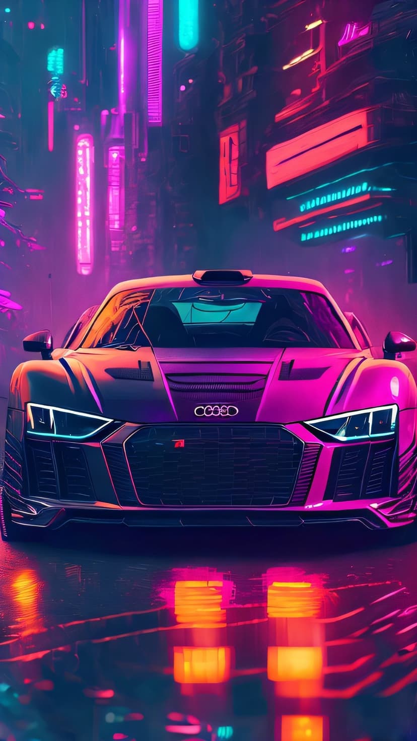 Audi R8 sports car on a wet night street reflecting pink and blue neon lights from towering futuristic buildings.