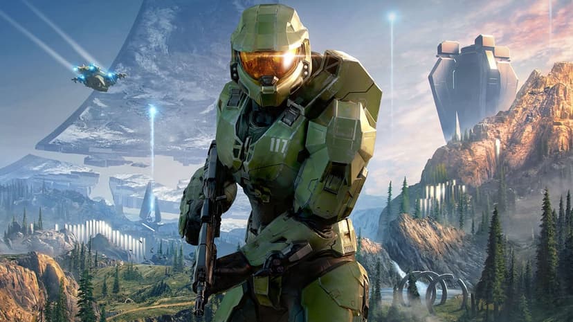 Master Chief in green armor stands on a mountainous planet with a shattered ring and Pelican ship in the sky.