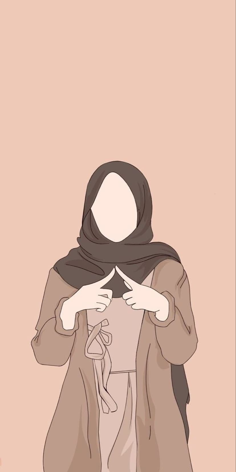 Faceless Muslim woman in a brown hijab and beige coat standing against a solid peach-colored background.