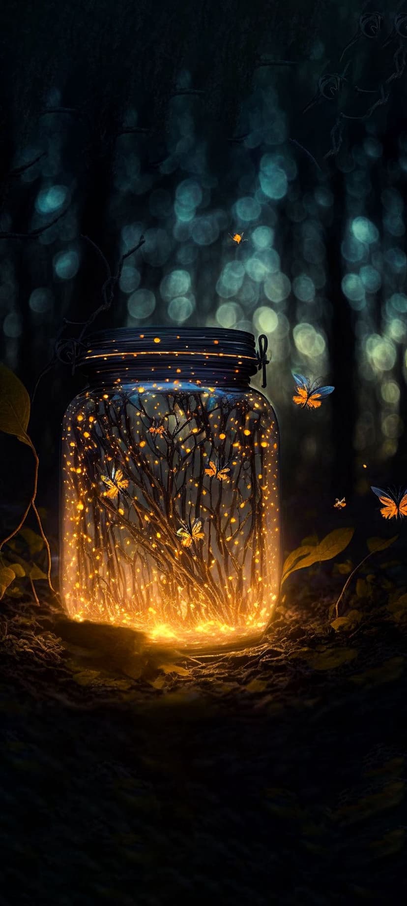 Glowing glass jar filled with fireflies sits among dark forest branches under soft, magical bokeh lights.