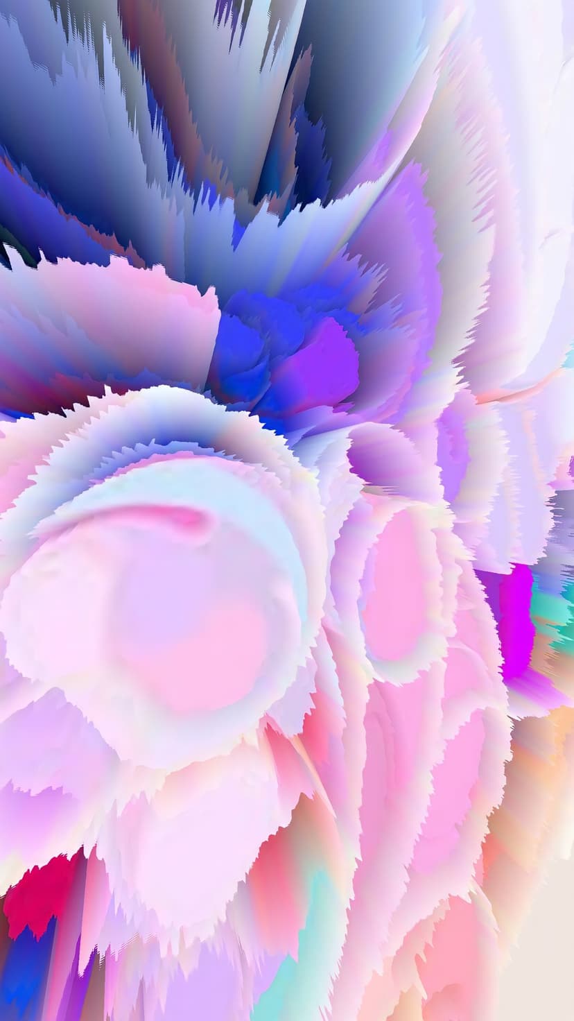 Swirling pastel pink and purple pigment bursts with crystalline textures and layered ethereal cloud shapes.