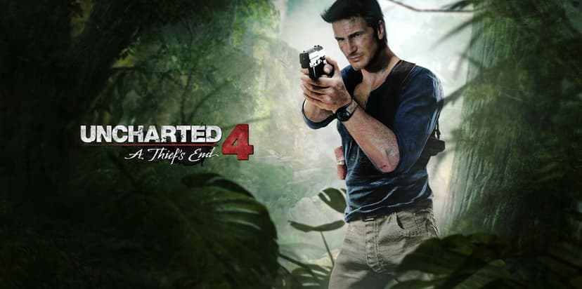 Nathan Drake aims a handgun with a focused expression inside a dense green jungle for Uncharted 4 A Thief's End.