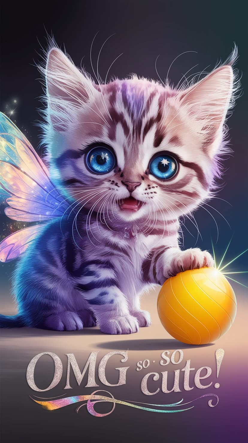 Fluffy tabby kitten with iridescent wings plays with a yellow ball amidst shimmering sparkles and soft light.