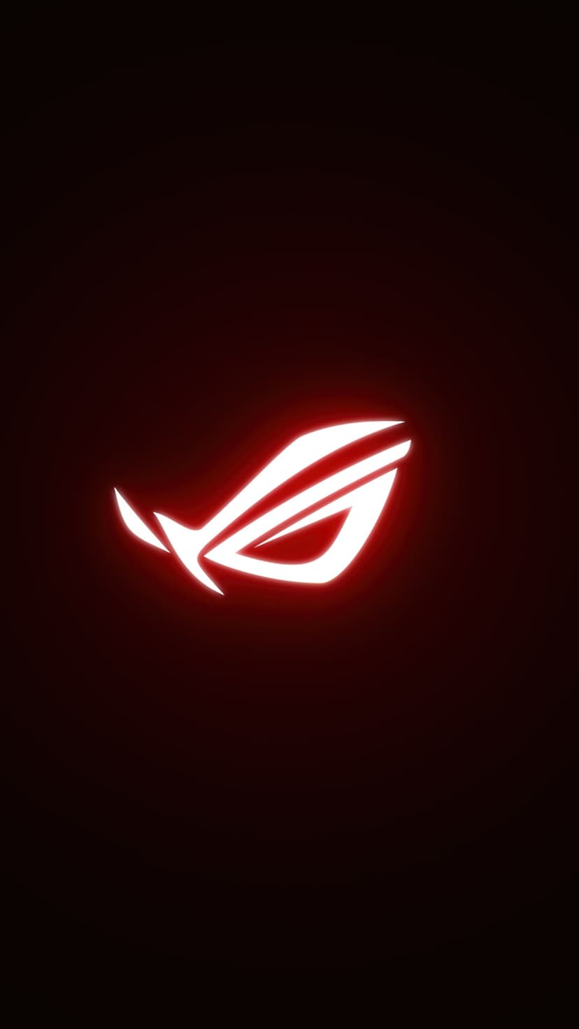 White ROG eye logo glowing with a soft red aura on a dark burgundy background, centered for vertical screens.