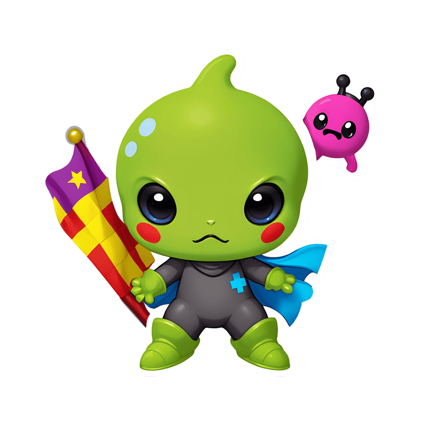 Green alien sticker character holding a star flag while a smaller pink creature peeks from behind his grey suit.