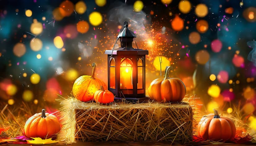 Vintage lantern glowing on a hay bale beside pumpkins with warm bokeh lights in a festive autumn night scene.
