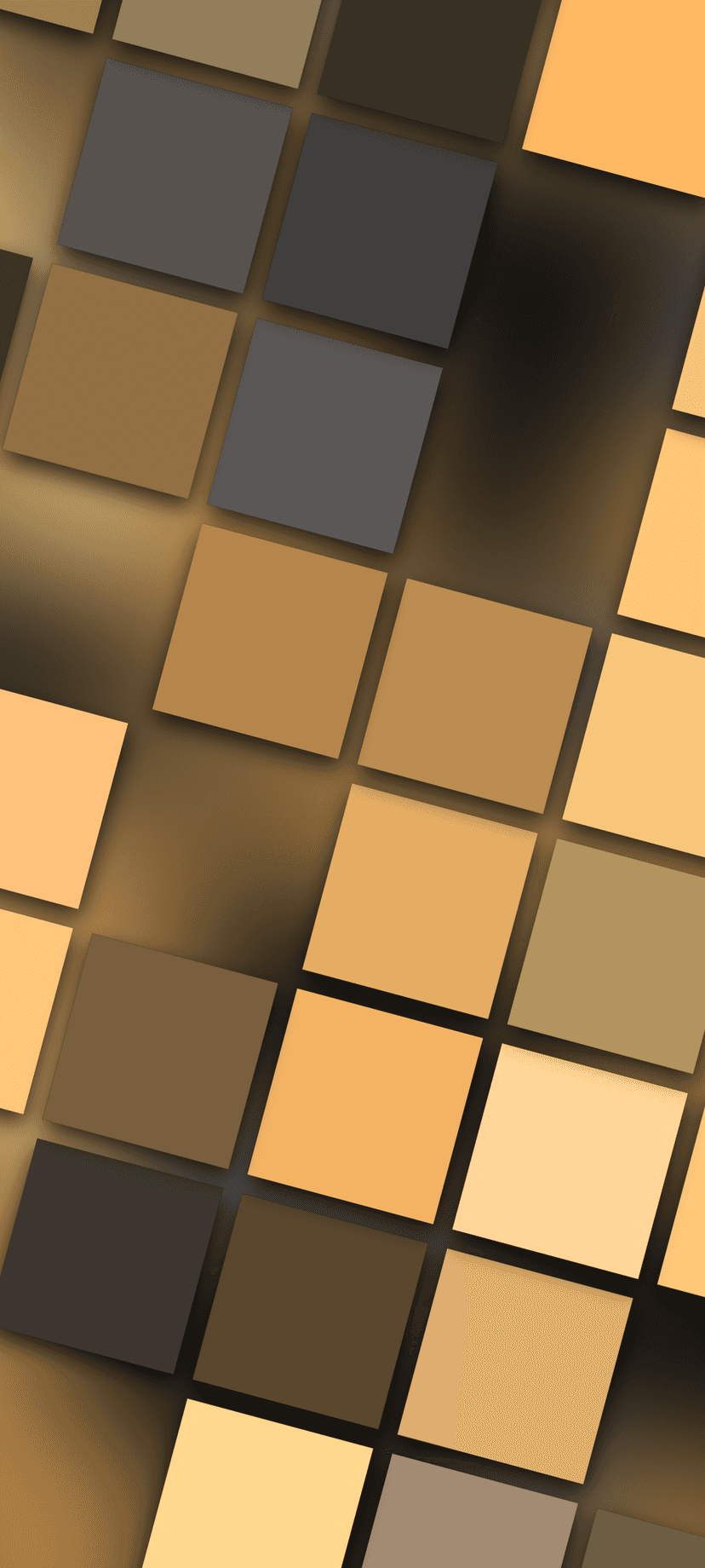 Tilted diamond shapes in shades of amber and ochre with soft shadows over a textured dark gold background.