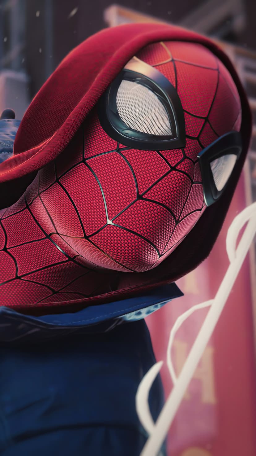 Spider-Man wears a red hood and blue jacket, featuring large white eye lenses and black web patterns on his mask.