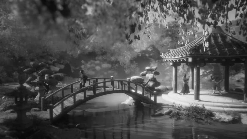 Samurai figure on a bridge over a pond with warriors sparring in a pavilion in a black and white garden.