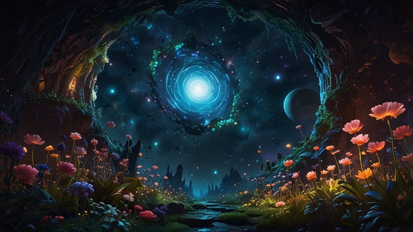 Luminous swirling portal above a garden of glowing flowers and a ringed planet seen from a dark cave opening.