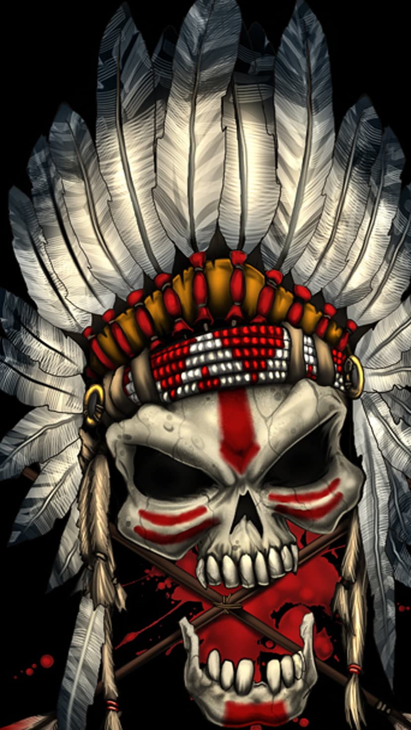 Human skull wearing a feathered war bonnet with red face paint and crossed arrows on a blood-splattered background.
