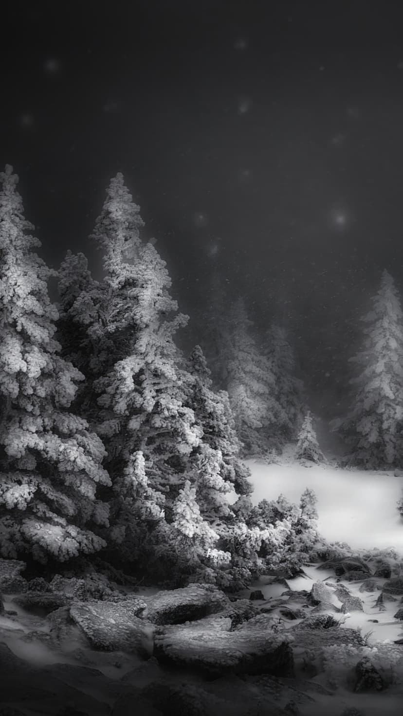 Heavy snow blankets towering pine trees and jagged rocks under a dark sky with faint starlight at night.