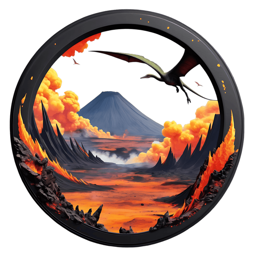 Pterodactyl flying over an erupting volcano with glowing lava rivers inside a circular 3D frame composition.