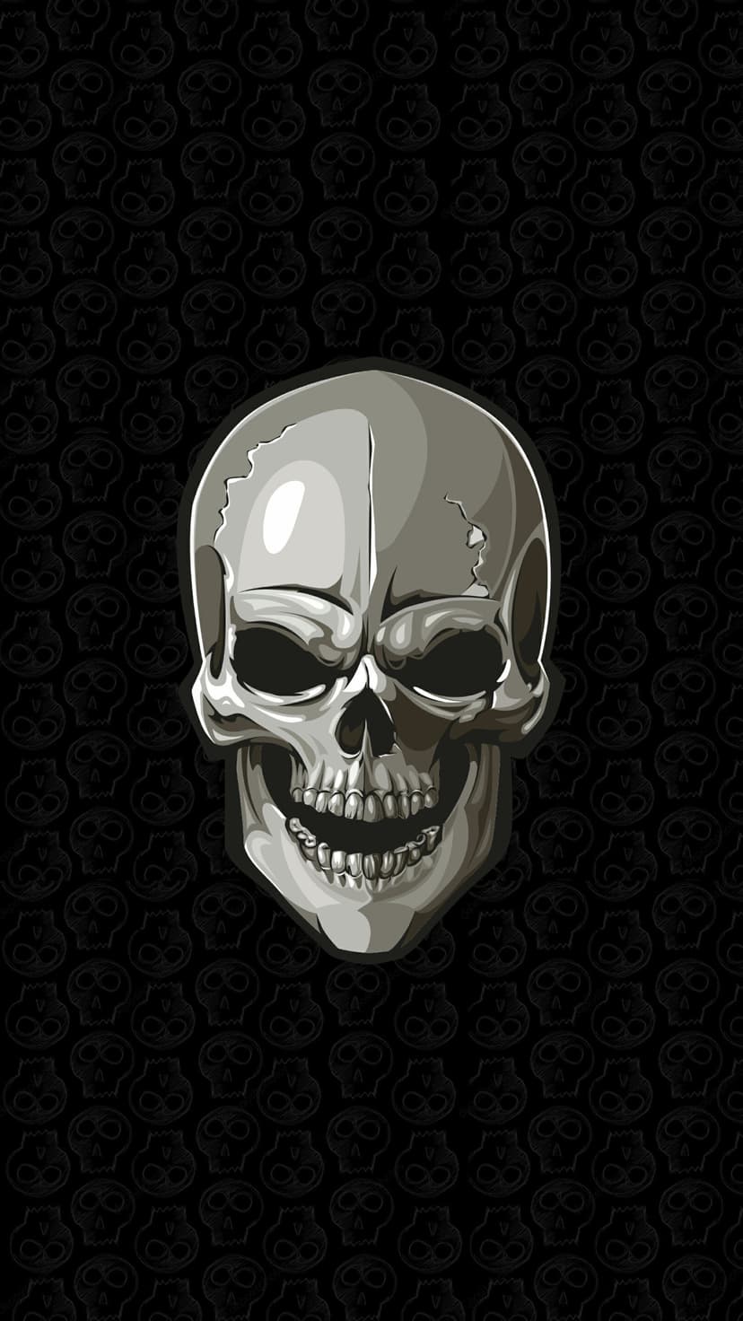 Grinning human skull with visible teeth centered over a repeating pattern of faint skulls on a black background.