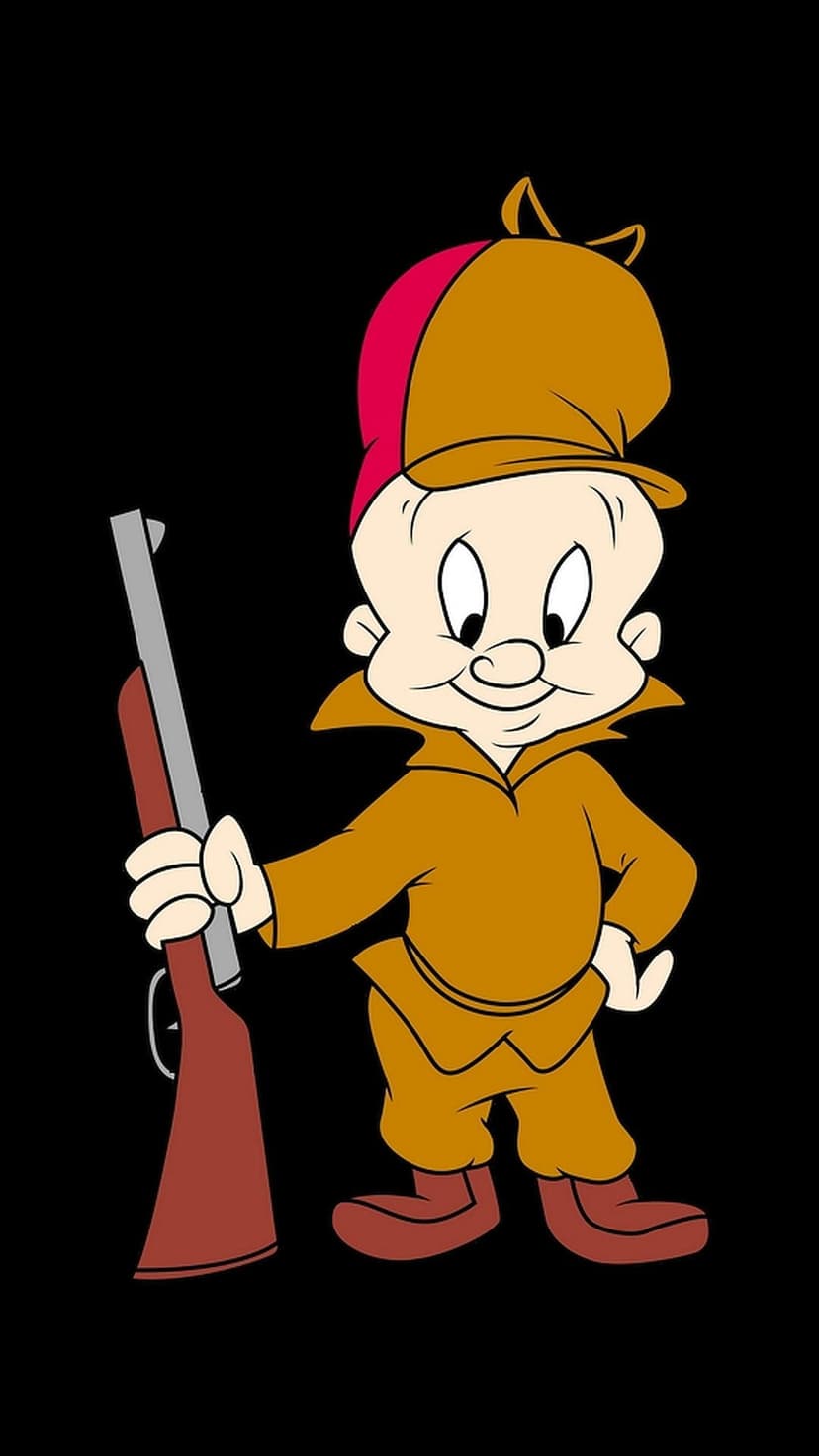 Elmer Fudd in brown hunting attire holds a shotgun against a black background with a determined expression.