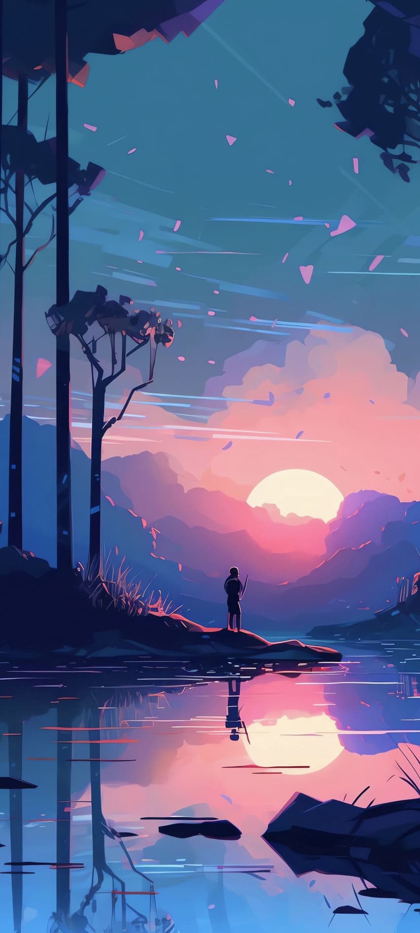 Angler fishing by a calm lake at sunset with pink skies, silhouetted mountains, and pine trees in the foreground.