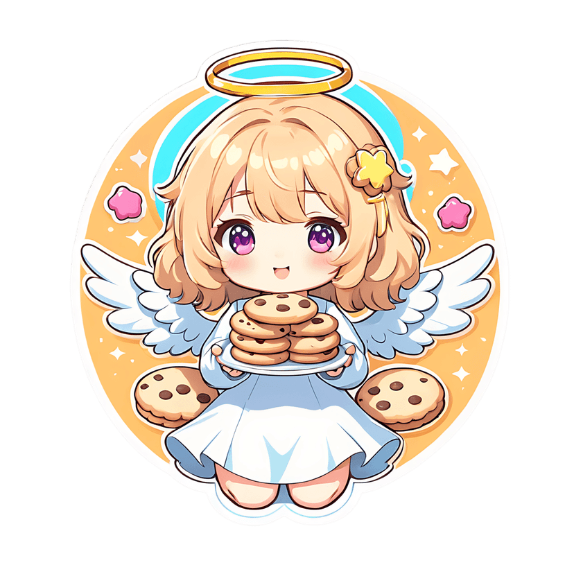 Blonde chibi angel holding a plate of chocolate chip cookies with a gold halo and white feathered wings.