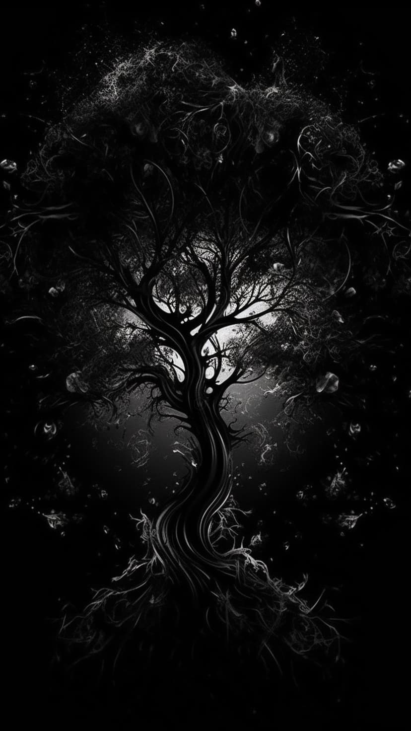 Gnarled ancient tree with twisted branches stretching into a swirling vortex of mist, shadows, and glowing particles.