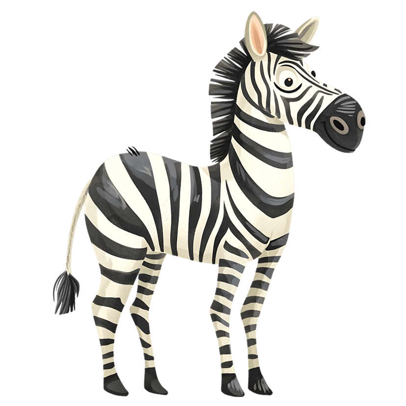 Zebra cartoon character with monochromatic stripes stands against a dark backdrop in a 2D vector style.