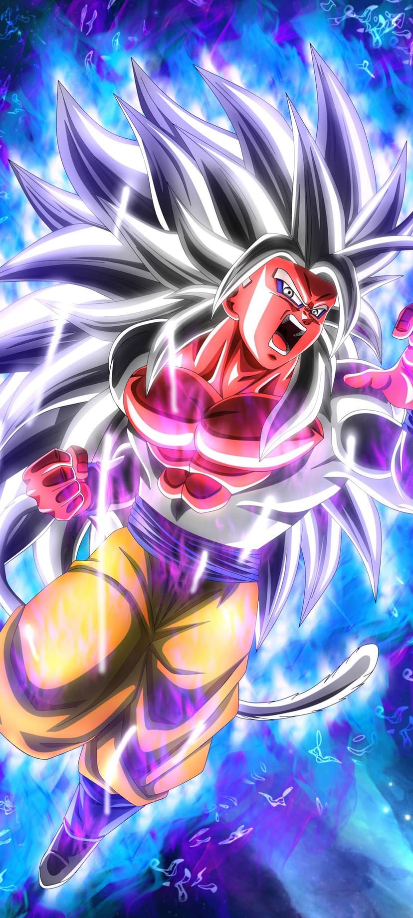 Goku in Super Saiyan 5 form with long silver hair and a blue aura against a purple cosmic space background.
