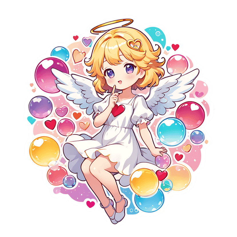 Blonde angel sticker with purple eyes and white wings makes a silent gesture amidst bubbles and red hearts.