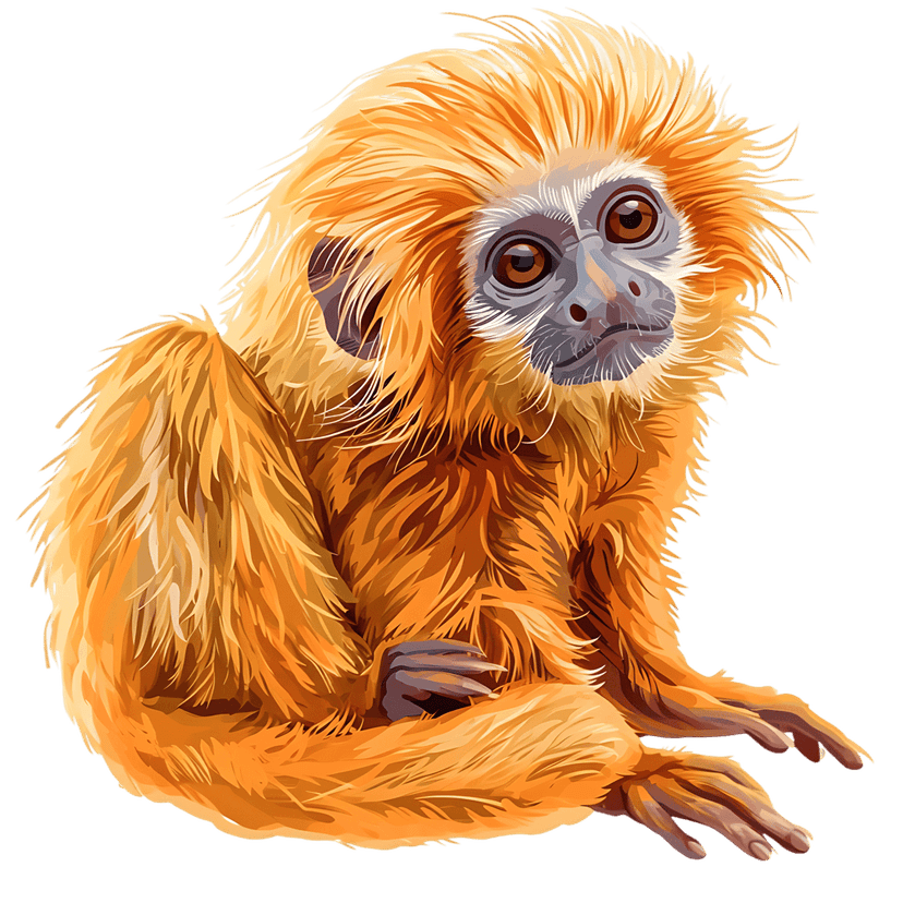 Golden lion tamarin monkey with vibrant orange fur sits against a solid black background in profile view.