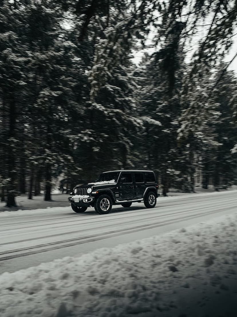 Black Jeep Wrangler driving fast on a snowy forest road with motion blur and snow-covered evergreen trees.