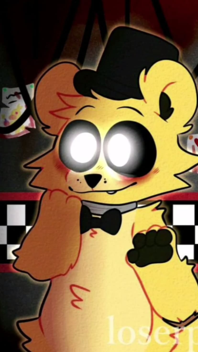 Golden Freddy bear wearing a black top hat and bow tie with glowing white eyes against a dark checkered backdrop.