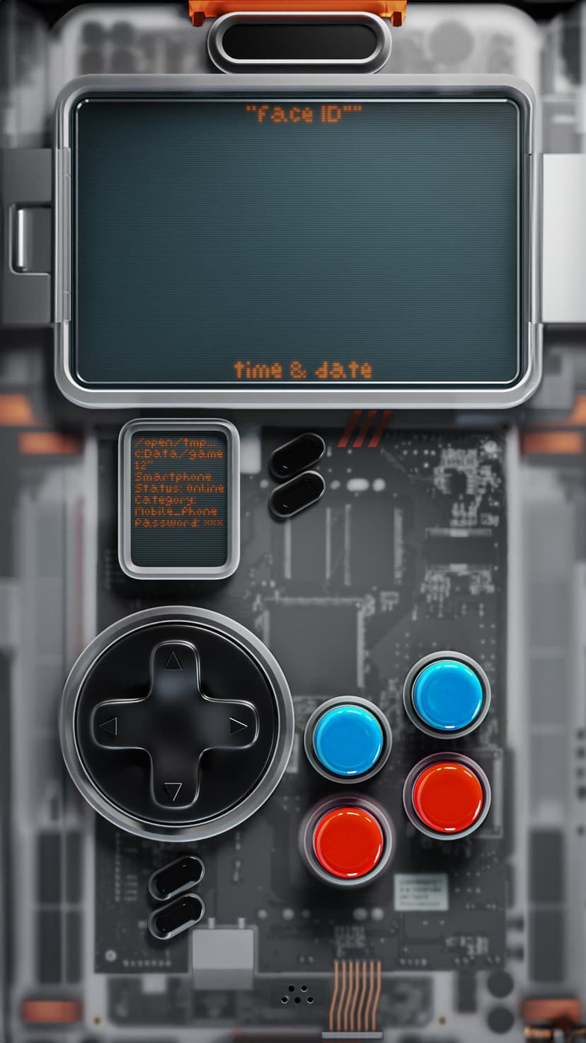 Retro-futuristic smartphone with a physical d-pad and colorful buttons over a transparent circuit board screen.
