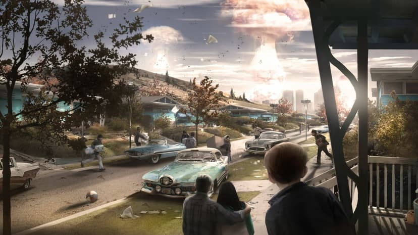 Nuclear mushroom clouds rising over a 1950s suburban neighborhood as families flee to vintage cars in panic.