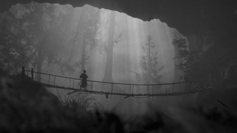 Silhouette of a samurai crossing a wooden bridge in a misty forest with light rays through tall trees