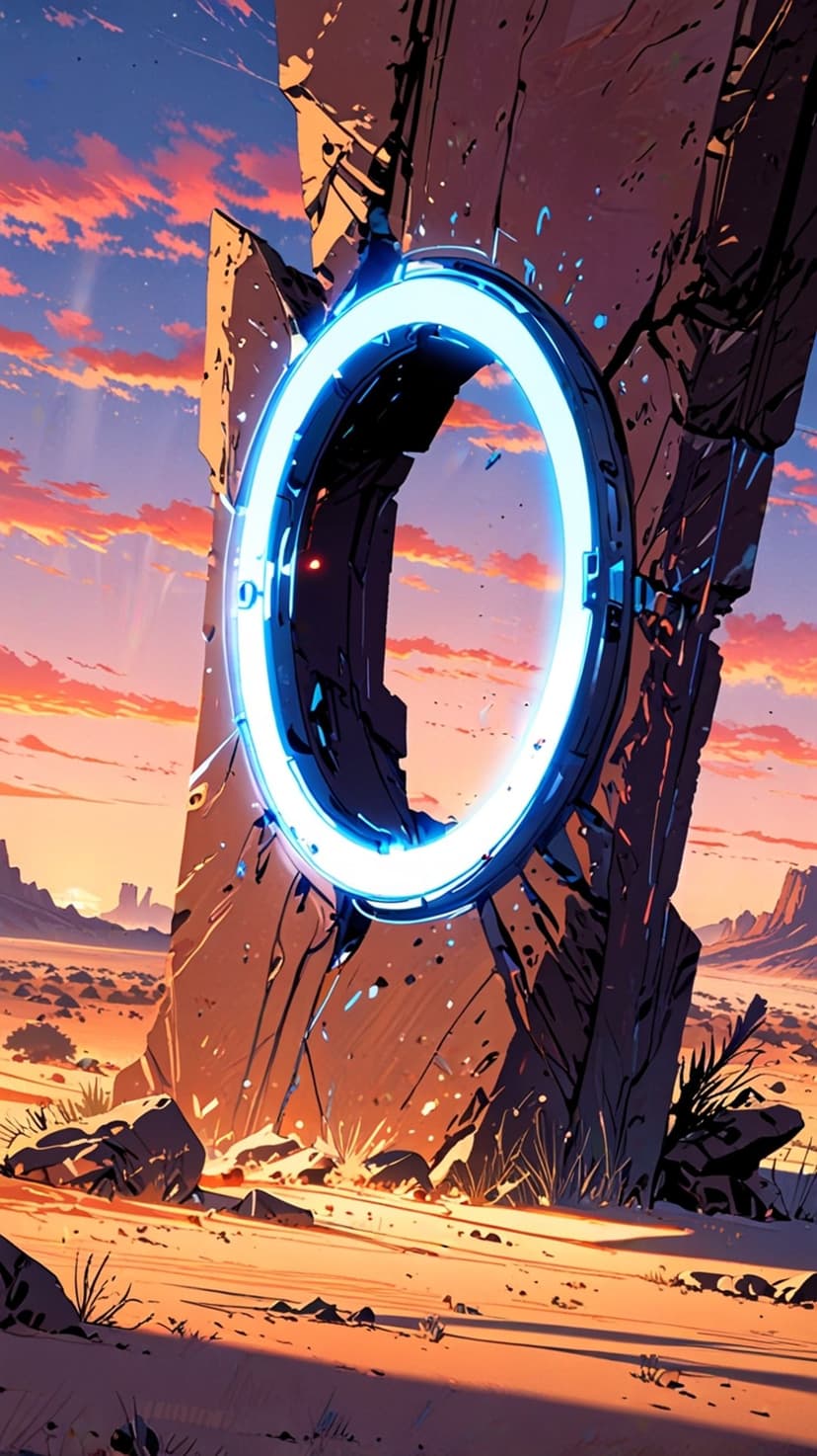 Luminous blue gateway inside a stone archway stands in a desert under an orange and pink sunset sky.