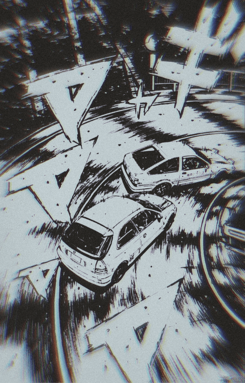 Racing cars drift on a winding road with heavy black speed lines and graphic motion effects in monochrome.