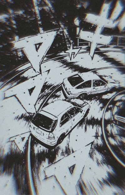 Anime cars racing on a winding road with speed lines