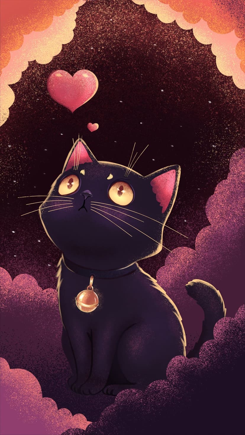 Black cat with yellow eyes sits among pink clouds under a starry sky with two floating hearts and a gold bell.