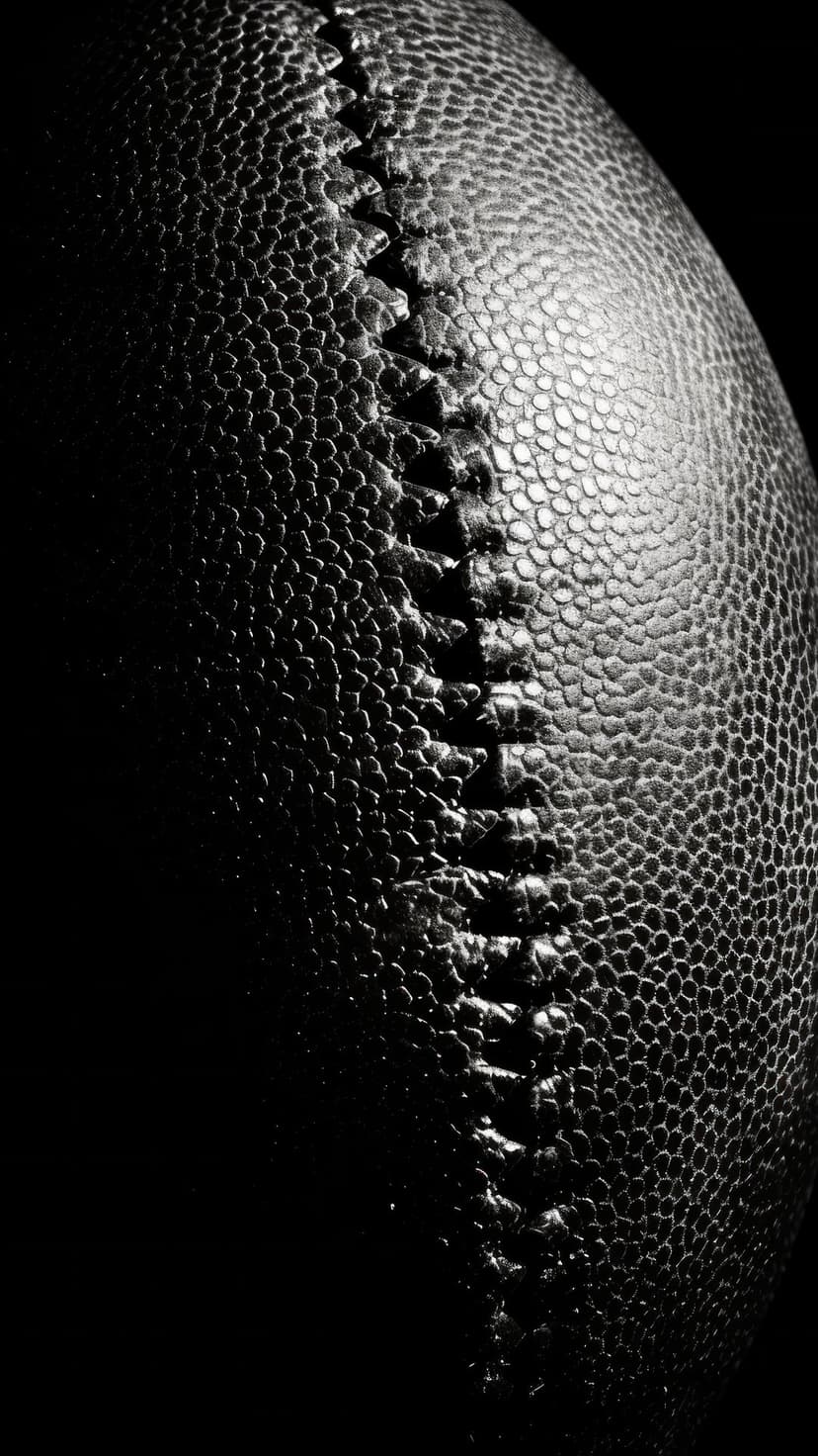 Pebbled leather football surface with thick white stitching and high-contrast shadows in a macro close-up.