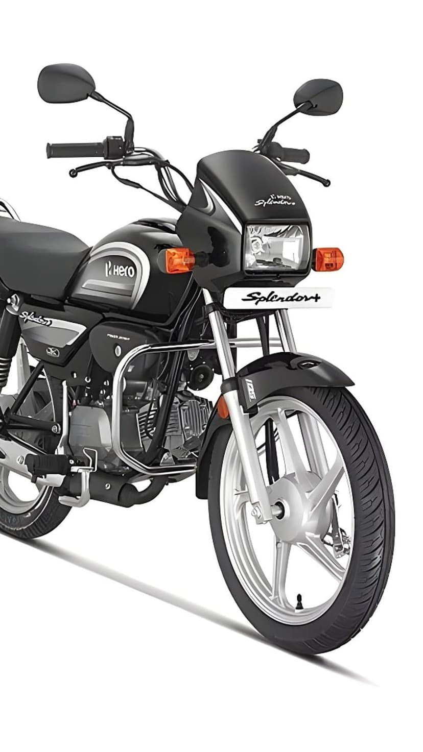 Hero Splendor Plus motorcycle in black with chrome accents, front view showing headlight and handlebars on white.