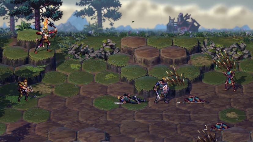 Flaming archer and medieval warriors on a hexagonal grid in a pixel art forest battle scene with ruins.