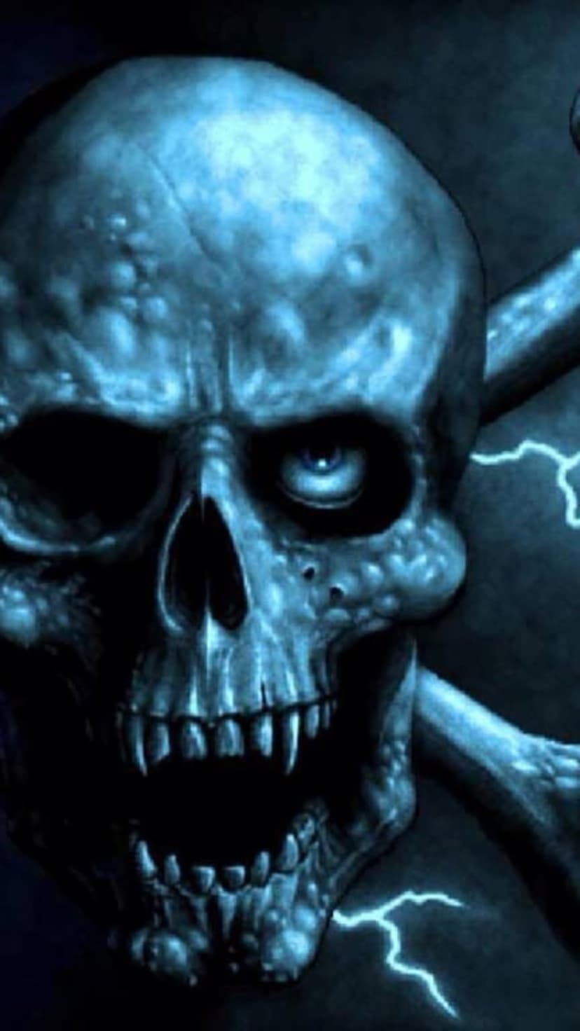 Blue skull with a glowing eye and sharp fangs surrounded by bright lightning bolts against a dark background.
