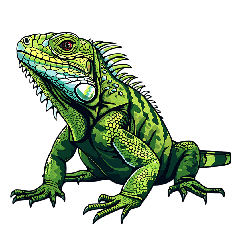Green iguana illustration showing detailed scale textures and a sharp red eye against a dark background.