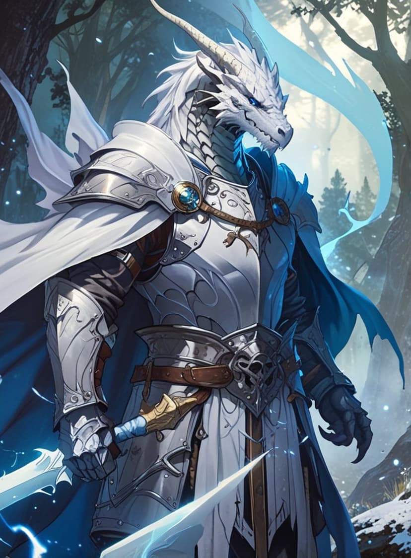 White dragon knight in silver armor holds glowing blue swords standing in a misty, dark forest.