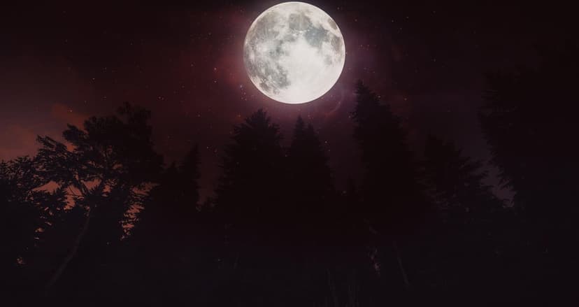 Giant white moon centered in a dark red sky above black silhouetted pine trees in a nocturnal forest scene.