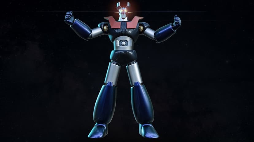 Mazinger Z mecha robot with clenched fists and glowing eyes against a dark starry space background.