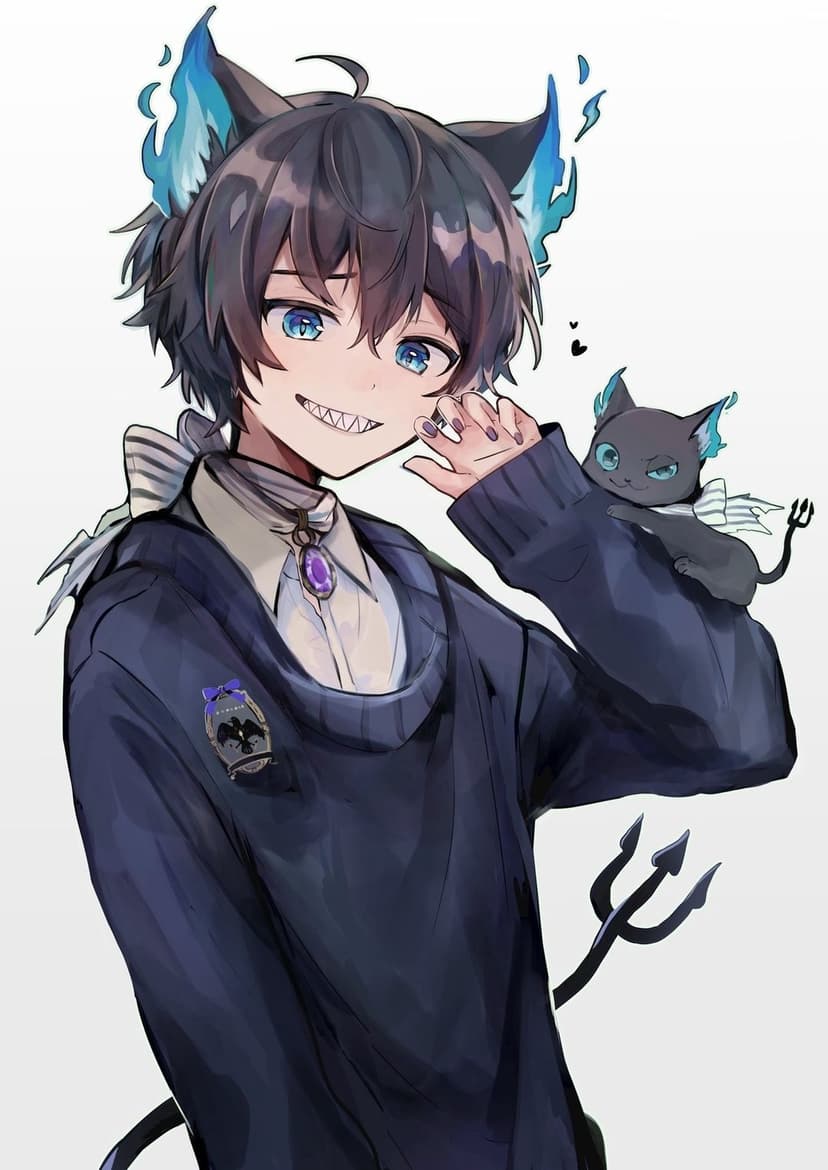 Cat boy with blue flaming ears and a small kitten on his shoulder holds a black trident in a dark setting.