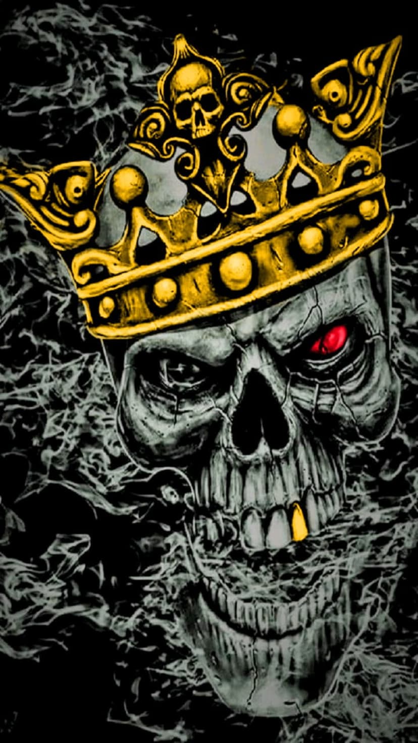 Skeletal king with glowing red eyes and a gold crown emerges from thick grey smoke in a dark, moody setting.