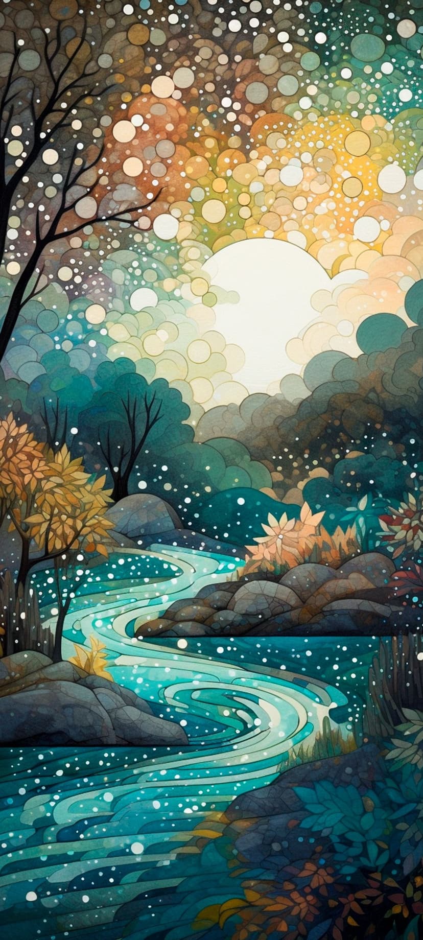 Turquoise river winding through dark silhouettes of trees beneath a sky filled with glowing abstract orbs.