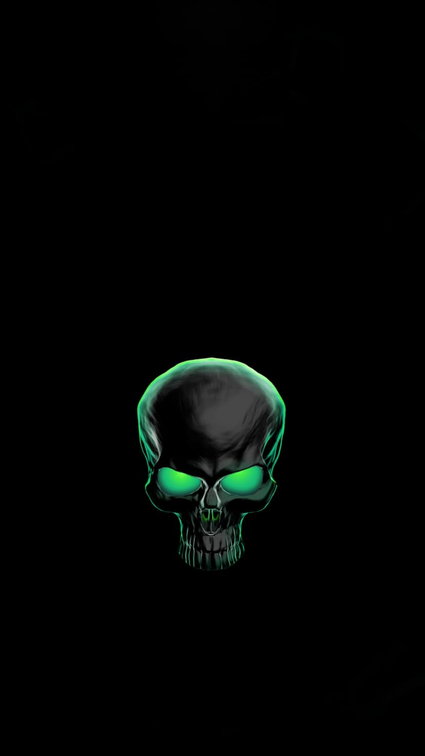 Black skull with luminescent green light shining from eye sockets against a minimalist dark background.