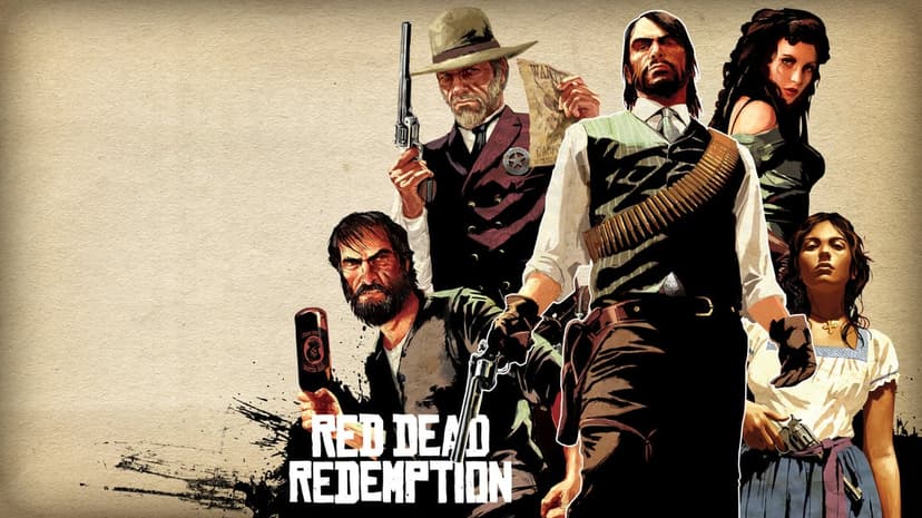 John Marston and outlaws pose with revolvers against a textured tan paper background in a Western art style.