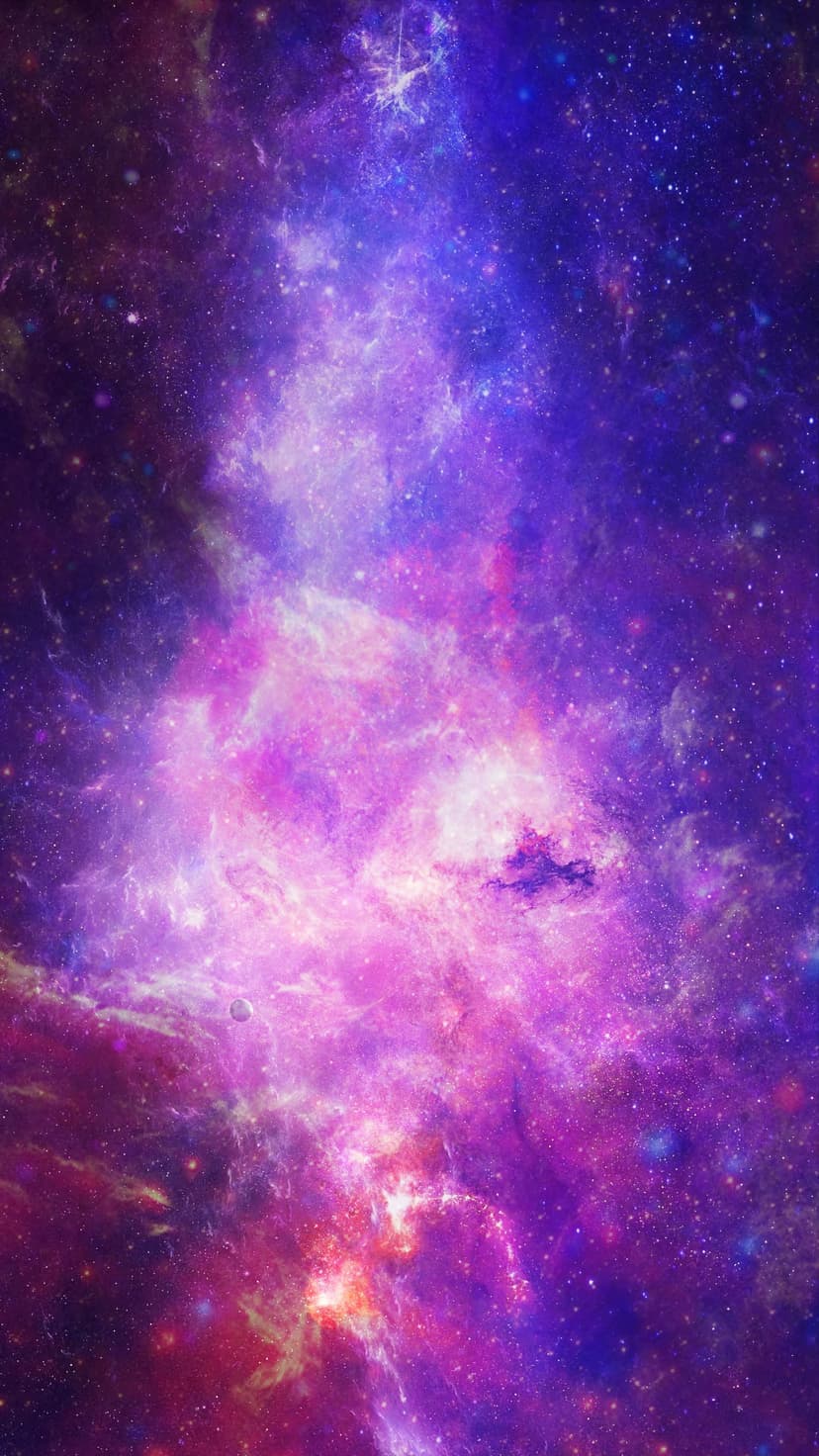 Swirling purple and pink nebula clouds peppered with clusters of bright white stars across a deep blue abyss.